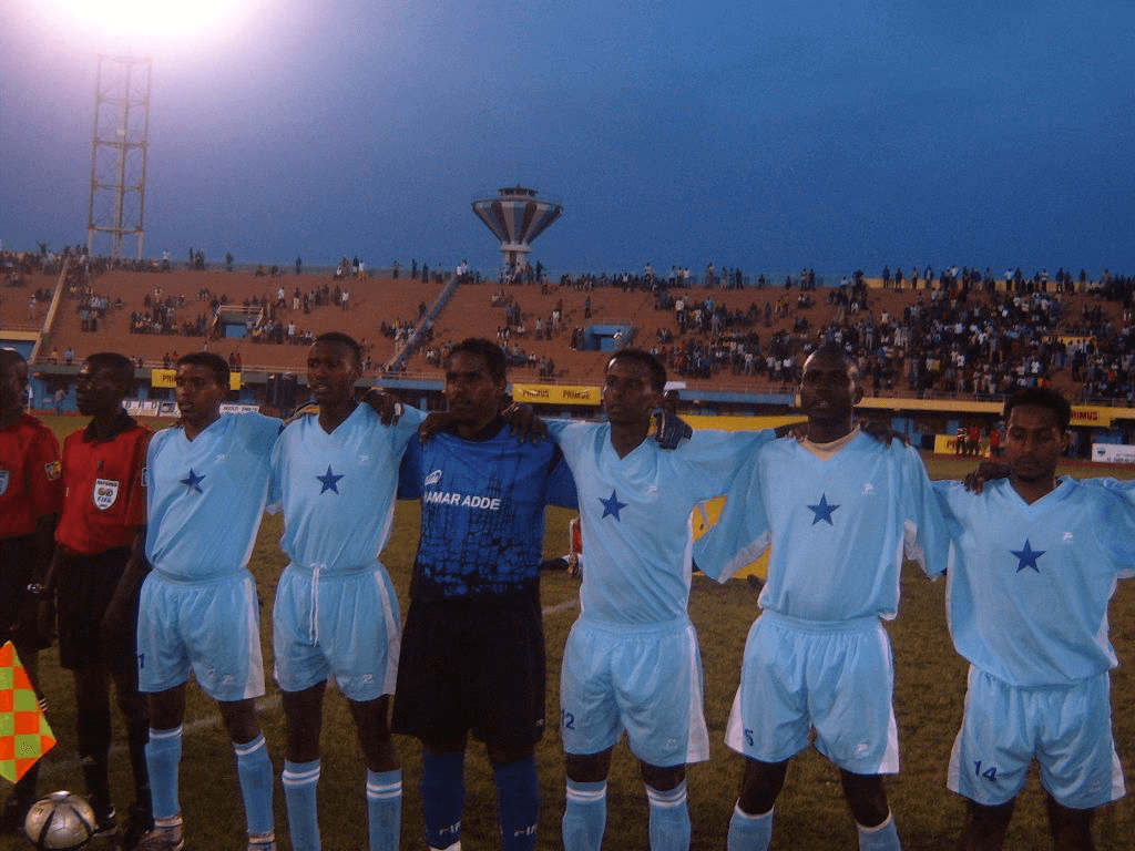 Somalia national team players lined up at the stadium
